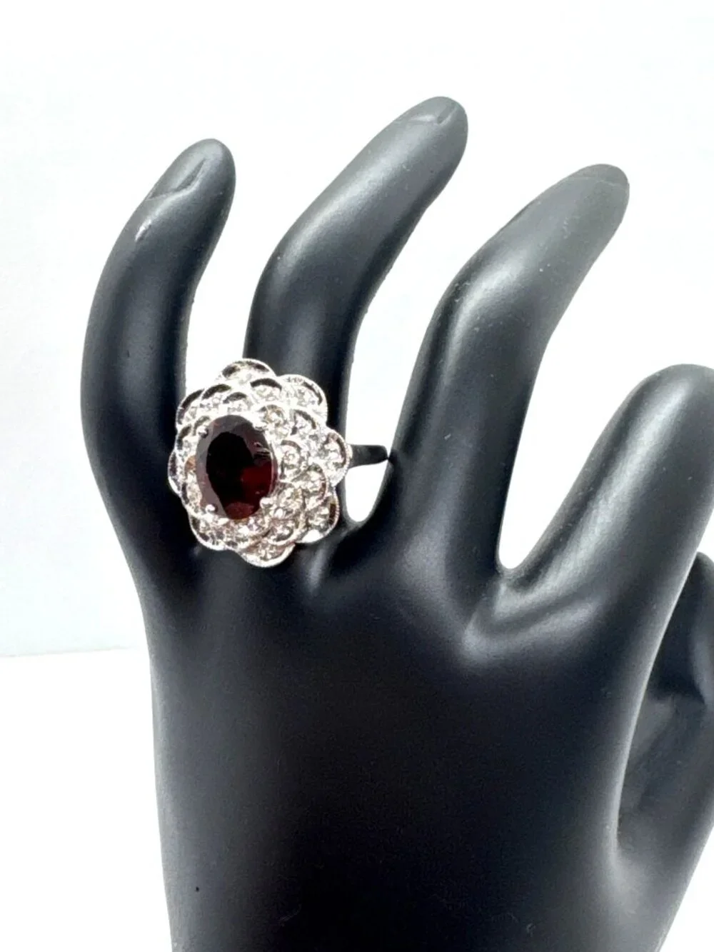 Sterling Silver Garnet Type Ring 925 India Floral Halo Cocktail Size 8 Romantic